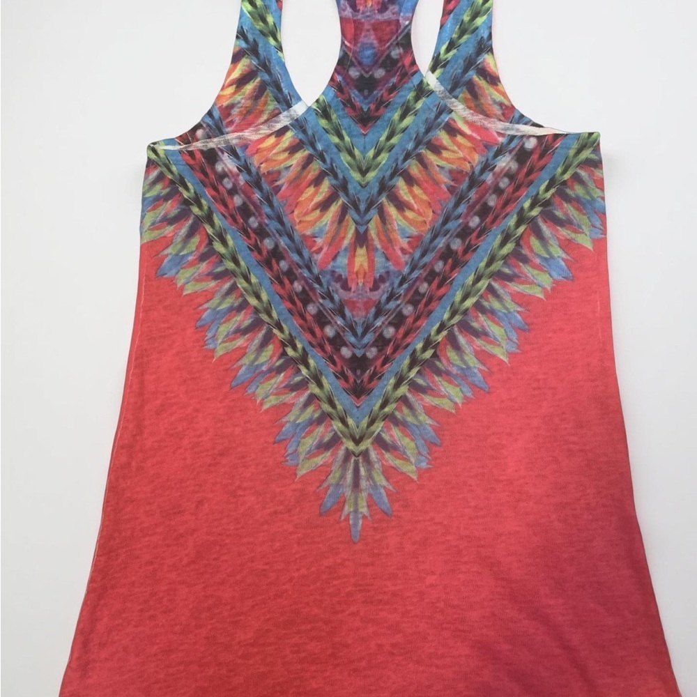 XNYC Womens Knit Tank Top Size S Pink Blue Feather Native Print Pullover boho - Picture 3 of 7